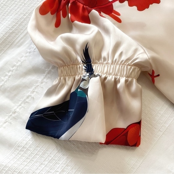 LOBO ROSA BOLERO KIMONO SATIN BIRD PRINT TIERED RUFFLE SHORT MAXI DRESS - S - Picture 8 of 11